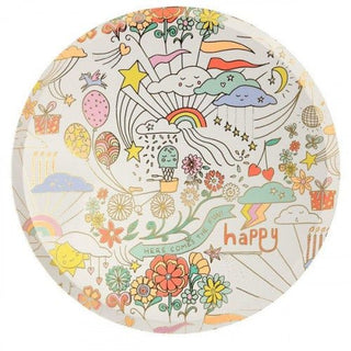Happy Doodle Dinner PlatesThese Happy Doodle dinner plates are perfect for any happy celebration, like a birthday party or baby shower. Featuring colorful clouds, suns, balloons and the wordsMeri Meri