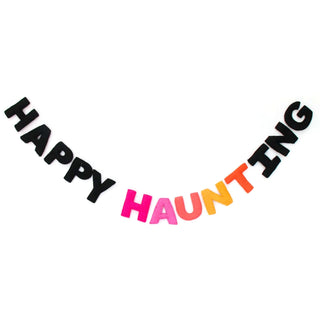 Happy Haunting Halloween Felt GarlandMeasures 6' Long and comes in a metallic rose gold bag with clear window for display. 
Felt letters are appx. 3.5" tall. 
Made in NepalKailo Chic