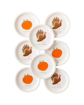Harvest Fall Scene GiveWhen it is time to gather and give thanks with your loved ones, make sure that these plates are at the table. Featuring a whimsical turkey and pumpkin with gold foilMy Mind’s Eye
