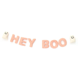 Hey Boo Halloween Felt GarlandMeasures 4' Long and comes in a metallic rose gold bag with clear window for display. 
Felt letters are appx. 3.5" tall. Made in NepalKailo Chic