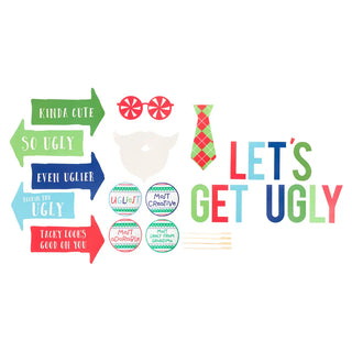 Holiday Ugly Christmas Sweater Party Decorating Kit• Make your holiday party the talk of the holiday season with the this ugly sweater party kit 
• Includes one “Let’s Get Ugly” banner, eight photo props and 4 best sPearhead