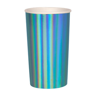 Holographic Blue Highball CupsThese shimmering and stripy blue holographic highball cups are an eye-catching way to serve refreshing drinks. Made from high-quality card with a superb gloss finishMeri Meri
