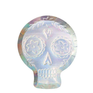 Holographic Sugar Skull PlatesThese sugar skull plates will look super stylish at your scary party! Crafted from shimmering silver foil with embossed details. 
Die cut silver holographic foilEmboMeri Meri