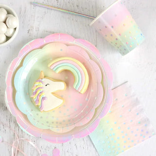 Get ready to host a magical rainbow unicorn party with this high quality set of plates, cups, and napkins. The Illume Iridescent Pastel Cup adds an extra touch of whimsy to your past.
