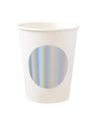 Iridescent Cup
Set of 8 cups
Paper
3 1/2" tall
3" wide
8 oz 
Designed in San Francisco
Oh Happy Day