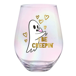 Jumbo Wine Glass -Get your Halloween party started with this jumbo stemless wine glass!

I Be Creepin
Holds a full bottle of wine
Size:4" x 5.7" h / 30oz
Slant