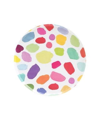 A white round Easter plate decorated with an assortment of colorful, irregular watercolor splotches in hues of purple, blue, green, yellow, pink, and red, isolated on a white background by Oh Happy Day's Kindah Plates - 7 inch.