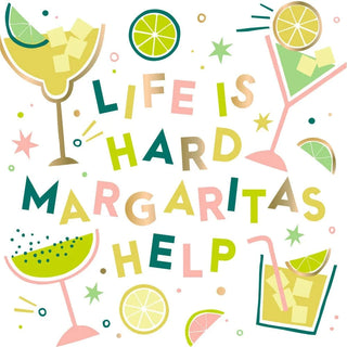 Illustration featuring margarita glasses, lime slices, and the phrase "Life Is Hard Margaritas Help" surrounded by colorful stars and dots on Soiree-Sisters cocktail napkins.