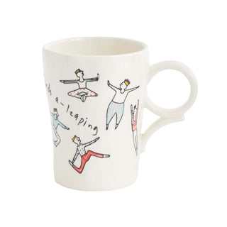 A handcrafted ceramic TEN LORDS A-LEAPING MUG with imperfections featuring a group of people by Accent Decor.