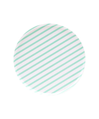 A simple, round Oh Happy Day Mint Stripe Plate featuring a minimalist design with evenly spaced, diagonal mint green stripes on a white background, projecting a clean and modern aesthetic.