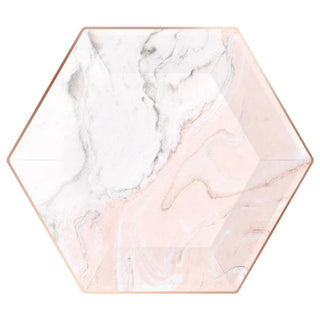 Marble Blush Paper Plates - LargeThese hexagonal paper plates are printed with a romantic blush and gray marbled pattern, with a rose gold foil trim.

Dinner plate size (10.5 inches / 27cm)
Each pacPaperboy
