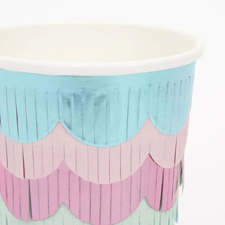 Mermaid Scalloped Fringe CupsThese beautiful cups are perfect for a mermaid or under-the-sea party. They are designed to look like a mermaid's glittering tail, featuring 6 strips of scalloped foMeri Meri