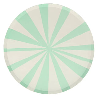 A mint and white stripe pattern on a round tray made of sustainable FSC paper, creating a stylish effect with Meri Meri's Mint Stripe Dinner Plates.