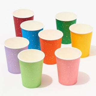 Multicolor CupsCups come in a set of 8; 
1 of each color with gold foil accents. 
Holds 8 oz and has a 3" diameter. 
 Paper Source