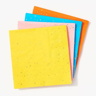 Multicolor NapkinsNapkins come in a set of 20 and measure 7" x 7" . 
There are 5 of 4 different colors and contain gold foil accents. Paper Source