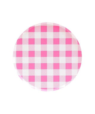 A round paper plate with a 7" wide Neon Rose pattern, reminiscent of a classic picnic tablecloth design, designed by Oh Happy Day in San Francisco, isolated on a white background.