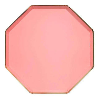 Neon Coral Dinner PlatesThese plates are a gorgeous neon coral color with an elegant gold foil border - they'll add a touch of style to any party table! Made from high-quality paper with a Meri Meri
