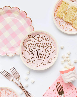HAPPY DAY PAPER PLATESOh happy day it's time for cake! Make sure that you have somewhere pretty to serve it up with these 7" party plates! With an elegant lettered design accented in roseMy Mind’s Eye