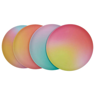 A set of colorful, Kailo Chic OMBRE MELAMINE REUSABLE PLATE SET OF 4 on a white background.