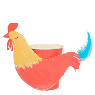 Farm Rooster Party CupsCock-a-doodle-doo, these On the Farm rooster party cups will look magnificent at a farmyard-themed party! Beautifully illustrated and embellished with a bright blue Meri Meri