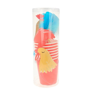 Farm Rooster Party CupsCock-a-doodle-doo, these On the Farm rooster party cups will look magnificent at a farmyard-themed party! Beautifully illustrated and embellished with a bright blue Meri Meri