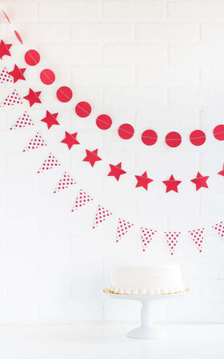PAPER LOVE MINI BANNER SET3 Cherry Red banners - 8' sewn banners
Circles, Stars and Polka Dot PennantsMy Mind’s Eye