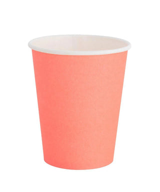 A single-use Pretty In Pink Set paper cup designed by Oh Happy Day in San Francisco, isolated on a white background, typically used for serving hot beverages like coffee or tea.