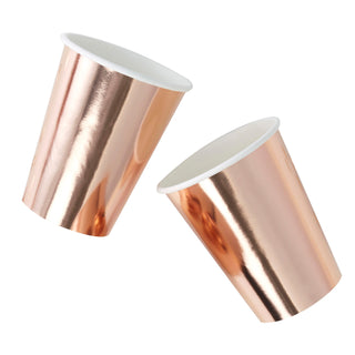 Two Ginger Ray Paper Rose Gold Cups on a white background.