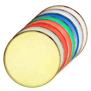 Party Palette Dinner PlatesBrighten up the party with these colorful plates. Made from high-quality paper with a stylish gold foil border.

Printed both sides
Neon print &amp; gold foil detailMeri Meri