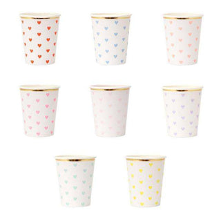 Party Palette Heart CupsThese gorgeous cups featuring colorful hearts, with a shiny gold foil border, will look brilliant at a Valentine's Day party or whenever you want a romantic theme.

Meri Meri