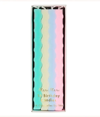Pastel Wavy CandlesWhy have plain candles when you can use a set with a wonderful wavy shape? The beautiful pastel colors will also look amazing on any special celebratory cake.

Wavy Meri Meri