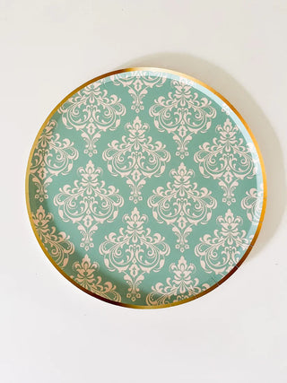 A teal and gold tray with a damask pattern is available in limited quantity. 
Product Name: Patisserie Large Plate 
Brand Name: Josi James