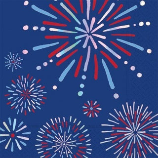 Patriotic Pop Luncheon Napkins by Design Design featuring holographic foil fireworks on a blue background.