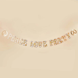 Peace Love Party BannerThis 'Peace Love Party' Banner is a must have for any groovy party! With a gold foiled edge for an extra special finishing touch!
Pack of 1 pre-assembled garland - 1HootyBalloo