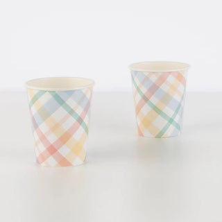 Two Plaid Pattern Cups with vintage-inspired designs from Meri Meri, perfect for birthday parties.