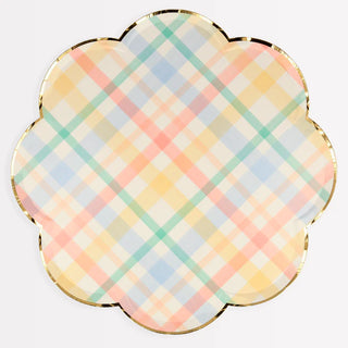 This Plaid Pattern Dinner Plate by Meri Meri features a vintage-inspired plaid design in pastel colors.
