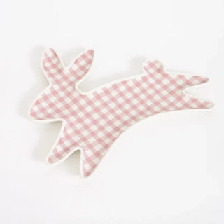 A pink and white Meri Meri Porcelain Bunny Plate with a gingham print design on a white surface.
