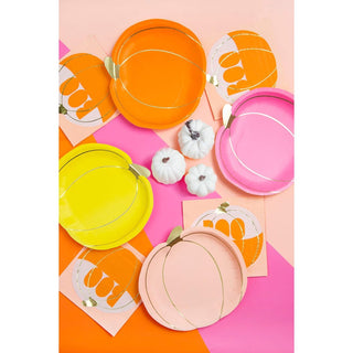 Pumpkin PlatesPack of 8 Colorful Pumpkin Plates by Talking Tables. These pumpkin shaped plates come with 4 different autumnal shades of pink, orange and yellow plates with gold foTalking Tables