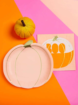 Pumpkin PlatesPack of 8 Colorful Pumpkin Plates by Talking Tables. These pumpkin shaped plates come with 4 different autumnal shades of pink, orange and yellow plates with gold foTalking Tables