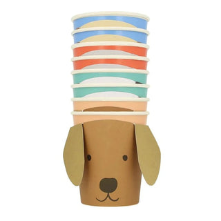 A stack of Meri Meri 3D Puppy Face with Droopy Ears Cups made from sustainable FSC paper - perfect for a puppy party!