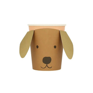A whimsical 3D Puppy Face with Droopy Ears paper cup designed by Meri Meri, isolated on a white background.