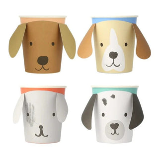 A set of four cute, dog-themed 3D paper cups with various Puppy Face with Droopy Ears designs, each cup featuring a different breed and colored rim by Meri Meri.