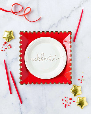 RED SCALLOPED 9" SQUARE PAPER PLATESIf you're like us you love party food, but hate the dishes that it makes! So pick up these red paper plates, for elegant party style and easy clean up. From ChristmaMy Mind’s Eye