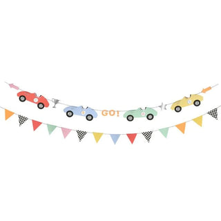 A festive Race Car Garland from Meri Meri with colorful vintage race cars and flags spelling 'go!', ideal for a race-themed event or a child's birthday party decoration.