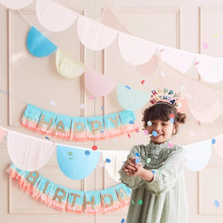 Rainbow Tissue Paper Scallop GarlandsAdd a touch of style to any celebration with these cheerful garlands. They are crafted from tissue paper sewn onto satin ribbon.

These garlands feature blue, yellowMeri Meri