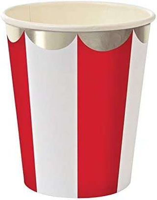 Red Stripe Paper CupsFill your celebration with color with these red and white stripe patterned paper party cups embellished with a silver foil, scalloped band. 

Pack contains 8 hot or Meri Meri