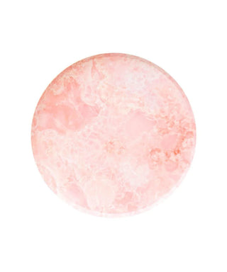 A pale pink marble pattern, designed in San Francisco, is depicted within a circular boundary with a low profile rim, reminiscent of a delicate, ethereal planet or a slice of natural stone, with the Oh Happy Day Rose Quartz Plates - 7 inch.