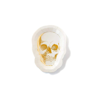 SKULL SHAPED 8in PAPER PLATESCreate a frightfully delightful tablescape starting with these shaped skull plates. Eerie gold foil accents add the perfect amount of spook to a halloween gathering.My Mind’s Eye