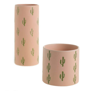Two cylindrical pink ceramic Accent Decor cactus vases, one taller than the other, against a white background.