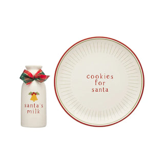 Santa Holiday Cookie Set• Includes 1 red and white ceramic “cookies for Santa” plate and 1 ceramic “Santa’s milk” jug with a jingle bell design and plaid bow
• Your little ones will love lePearhead